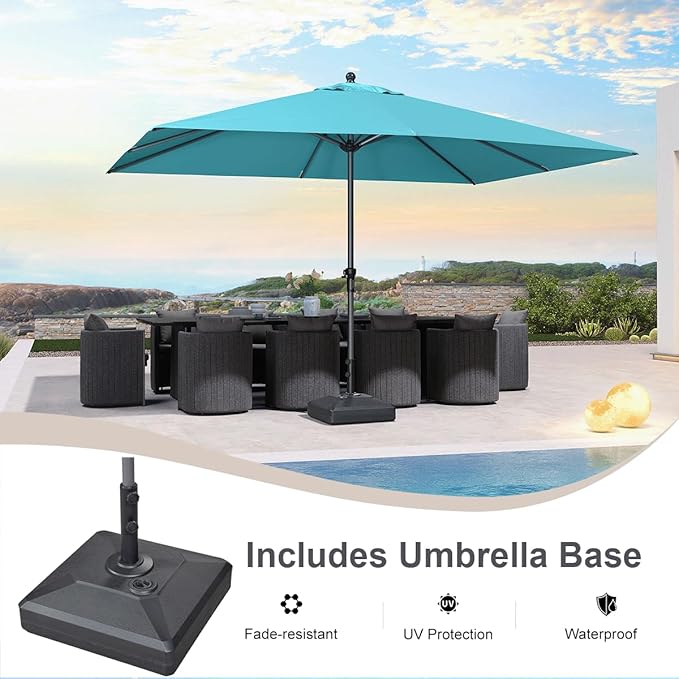 PURPLE LEAF 12' x 9' Rectangle Patio Market Umbrella with Base Outdoor Table Umbrellas Aluminum Frame Sun Shade with 8 Sturdy Ribs for Garden Deck Lawn Pool Turquoise Blue