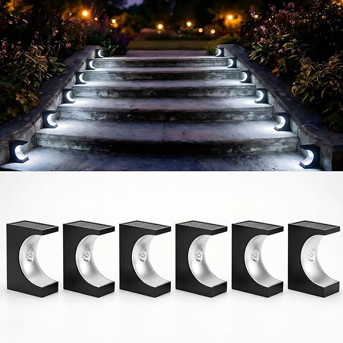 Upgraded Wireless Solar Step Lights. 5X Longer Life Than Ordinary. Strong 3M Adhesive + Screws. IP65 Waterproof for Stairs/Decks/patios. Reliable Performance(White Light 6Pack)