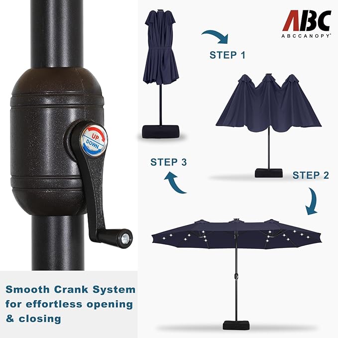 ABCCANOPY 15ft Umbrella Outdoor Patio Solar Lights with Base, Outdoor Double-Sided Rectangle Umbrella for Poolside, Lawn, Backyard (Navy Blue)