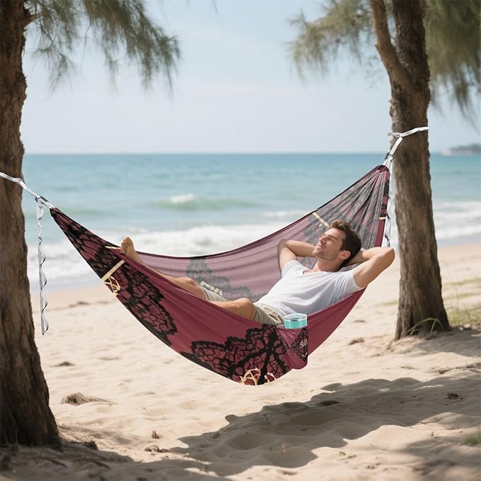 Burgundy Lace Outdoor Hammocks with Tree Straps Cloth Hammock for Camping Travel Accessories