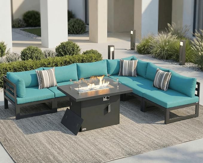 NICESOUL 7 Pcs Large Modern Aluminum Outdoor Patio Furniture Set with Fire Pit Table Propane/Gas, 29" Wide Deep Seat, Fade Resistant Sectional Sofa, 500 lbs Sturdy Backyard Conversation Set, Turquoise