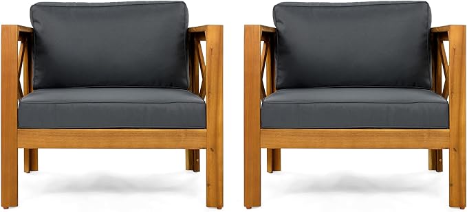 Christopher Knight Home Lucy Acacia Wood Outdoor Patio Furniture Set, 3 Pieces Patio Set, Round Side Table and ArmChairs Conversation Set with Cushion for Garden Lawn Balcony, Dark Gray + Light Teak
