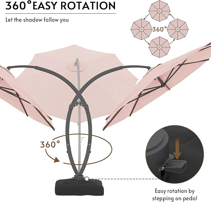 11FT Cantilever Patio Umbrella with Base Included, Large Cantilever umbrella with 360°Rotation, Heavy-Duty Offset Outdoor Umbrella for Patio,Pool,Garden and Backyard (Pink)