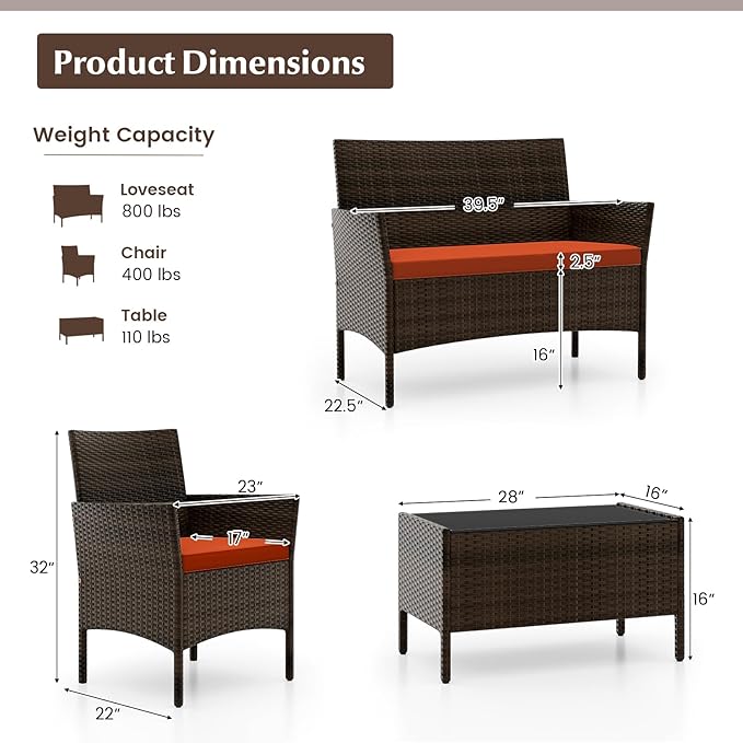 Tangkula 8 Piece Patio Rattan Conversation Set, Outdoor Wicker Furniture Set with Chair, Loveseat & Tempered Glass Table, Cozy Seat Cushions, Outside Sectional Sofa Set for Backyard (2, Orange)