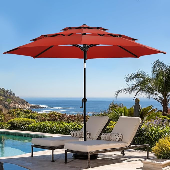 wikiwiki 9ft 3-Tier Patio Umbrella Outdoor Table Market Umbrella for Patio with Push Button Tilt/Crank, Fade Resistant Waterproof POLYESTER Canopy for Garden, Lawn, Deck, Backyard & Pool, Red