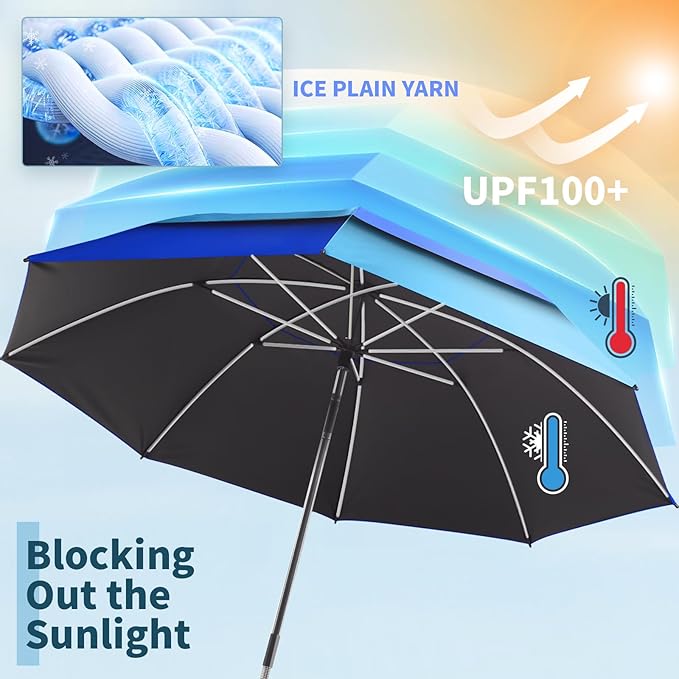 48.6" Double Canopy Beach Umbrella with Clamp, UPF50+ Beach Chair Umbrella with clip, 360°Adjustable Portable Outdoor Wheelchair, Patio, Golf Carts,Camping(Blue/Light Blue)