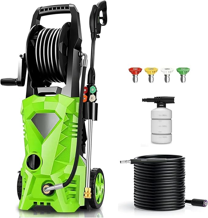 5000PSI Electric Pressure Washer 2026 2.8GPM High Power Washer with 33ft Hose Reel,4 Nozzle,and Soap Bottle for Cars/Home/Driveways/Patios/Fences,Green