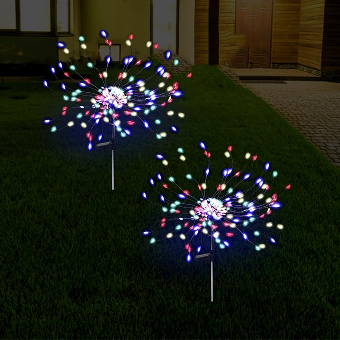PXBNIUYA 2 Pack 175 LED Solar Firework Lights Outdoor, 4th of July 2 Modes Solar Garden Light Waterproof Twinkling Light, Starburst Lights for Landscape Path Halloween Christmas Decor （Colorful）