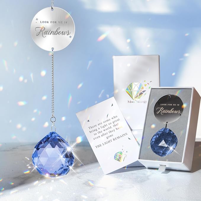 Mooncraftlogy Memorial Gift for Loss of Loved One, Light Crystal Suncatcher | Unique Sympathy Idea, Navy Blue Prism Crystal Ball, Grief Rainbow Sun Catcher, Bereavement Box for Mom Dad Son Daughter
