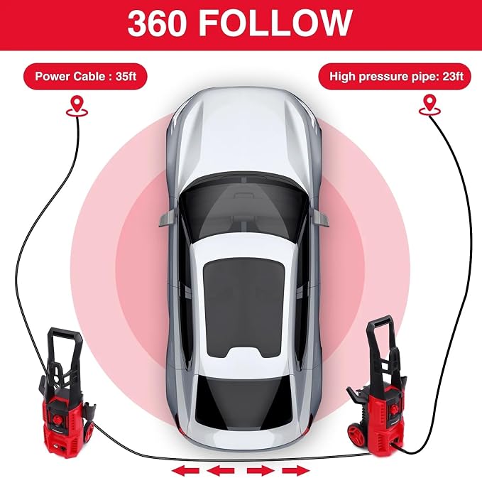 Upgraded Electric Pressure Washer, 1850 PSI Max,3.0 GPM, 5" Wheels, 18M Cord/Hose Length Max, Power Washer for Patio, Car, Driveway, Fence & Home Cleaning