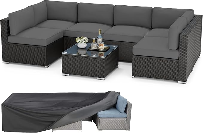 SOLAURA 7 Pieces Outdoor Patio Furniture Set, Black Brown Rattan Outdoor Patio Sectional Conversation Set, Modular Sofa Set with Coffee Table, Grey (Include Sofa Cover)
