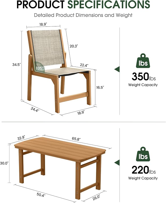 HDPE Outdoor Patio Dining Set with Table & 4 Stackable Armless Textilene Chairs, All-Weather 5-Piece Dining Table Set with Umbrella Hole, Patio Furniture for Garden, Poolside, Backyard, Deck | Teak