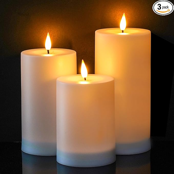 VIODAIM Solar Candles Outdoor Waterproof: Flameless Flickering Pillar LED Candles Set of 3 Dusk to Dawn Rechargeable Sensor Lights 3x4/5/6 Inch White