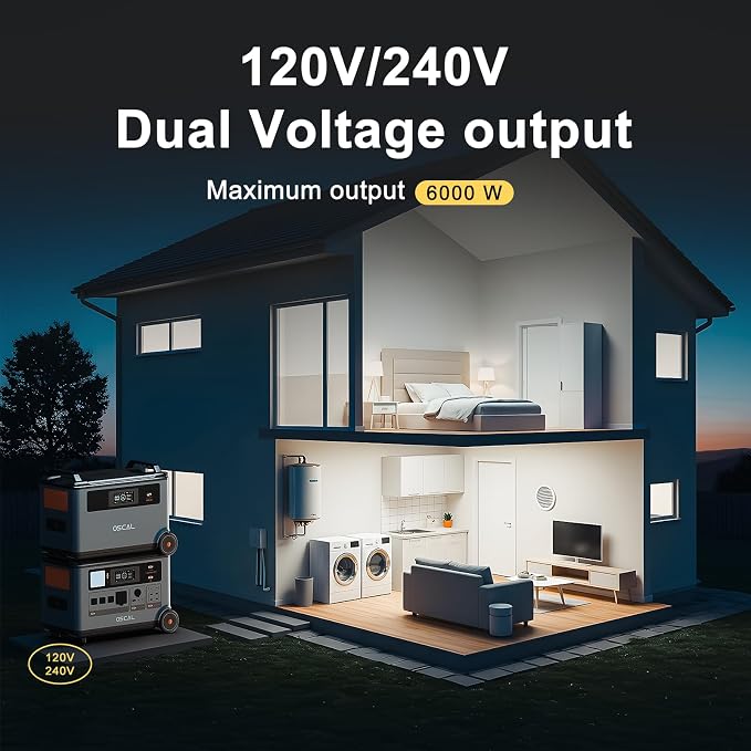 OSCAL 7200Wh Portable Power Station PowerMax 6000 with 3x500W Solar Panel, 120/240V Solar Generator, Max 6000W AC Outlets (9000W Peak), LiFePO4 Battery Power Station for Home, Camping, RV, Emergency