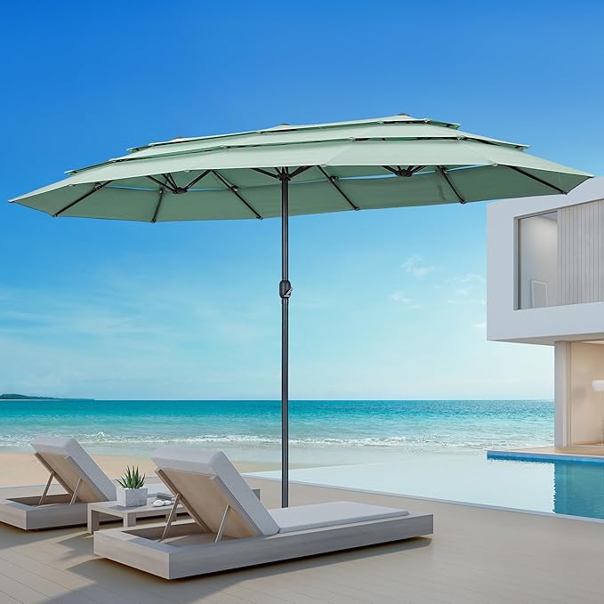 Ainfox 15ft Large Patio Umbrella, Outdoor Double-Sided Pool Umbrellas, 3 Tiers Large Rectangle Market Umbrella for Poolside