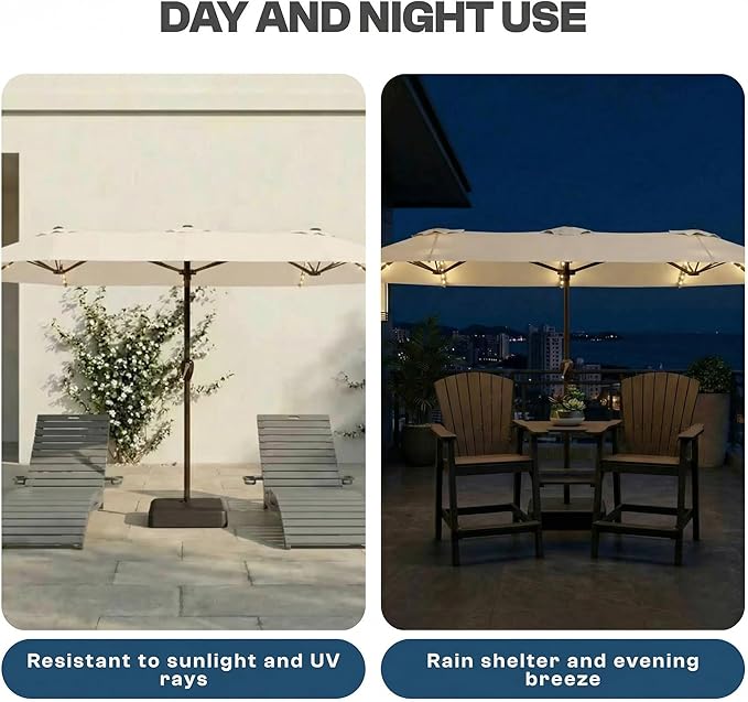 15FT Patio Umbrella with Solar Lights, Double-Sided Extra Large Outdoor Table Umbrella with Base Included, Heavy-Duty 12 Iron Ribs Market Umbrella for Garden, Pool, Backyard, Creamy White