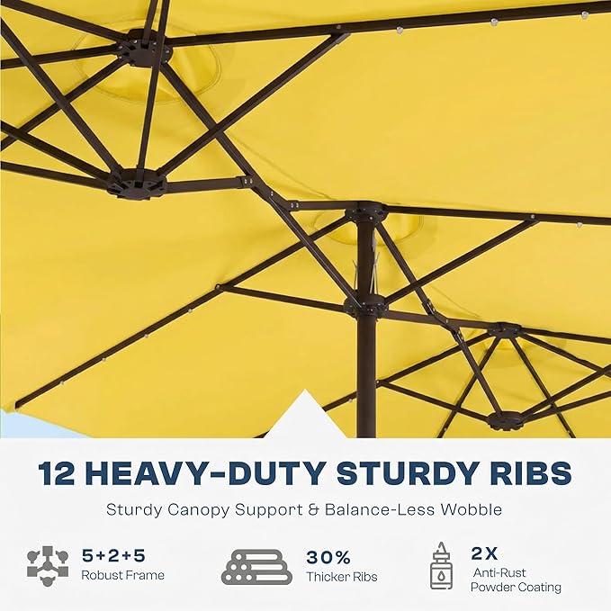 15FT Large Outdoor Patio Umbrella with Solar Lights and Base, Double-Sided Table Umbrellas with 48 LED Lights, Rectangle Market Umbrella for Pool, Deck, Backyard