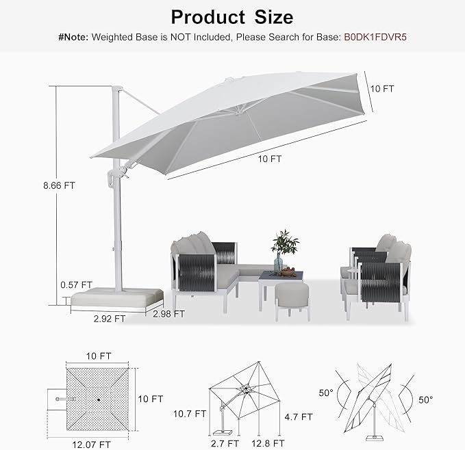 PURPLE LEAF 10 FT Right-left Tilt Patio Umbrella Swivel White Cantilever Umbrella with Tilt Aluminum Outdoor Umbrella with 360° Rotation for Deck Pool Garden, White