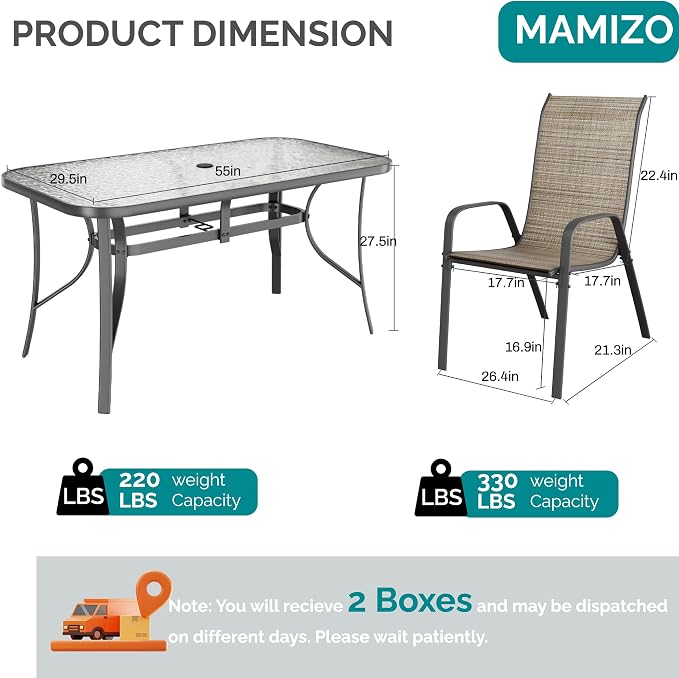 MAMIZO 7 Pieces Patio Dining Set for 6, Outdoor Table and Chairs w/Rectangle Glass Table and 6 Textilene Stackable Chairs, Patio Furniture Set w/1.69" Umbrella Hole (Grey Table & Brown Chair)
