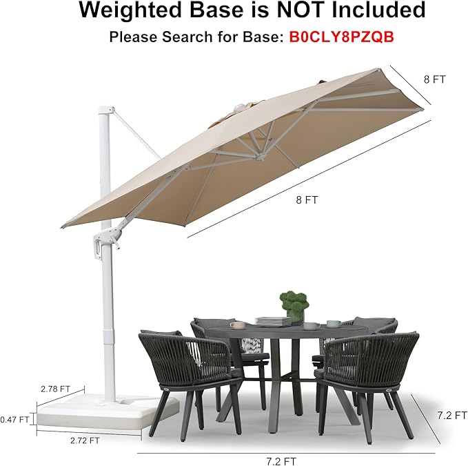 PURPLE LEAF 8 FT Patio Umbrella White Cantilever Umbrella Aluminum Square Outdoor Offset Umbrella Hanging Windproof with 360° Rotation for Garden Deck Pool, Beige