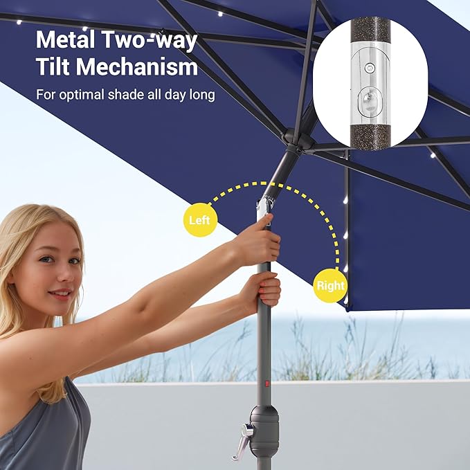 Rectangle Patio Umbrella with Solar Lights, 10 x 6.5ft Rectangular Outdoor Umbrella Table Market Patio Umbrella with Push Button Tilt and Crank for Garden, Deck, Backyard, Pool