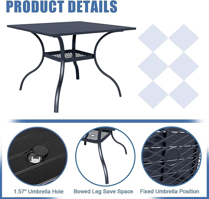 Crownland 5 Piece Patio Dining Set, 4 Swivel Metal Chairs and Square Outdoor Dining Table with Sky Blue 9FT Round Outdoor Umbrella (Metal Tabletop)