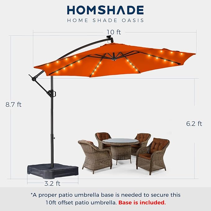 HOMSHADE 10ft Solar Lights Offset Cantilever Patio Umbrella - with Light and Base, LED Lighted Offset Hanging Patio Outdoor Market Umbrella UPF50+ UV Protection with Easy Tilt and Crank (Neon Orange)