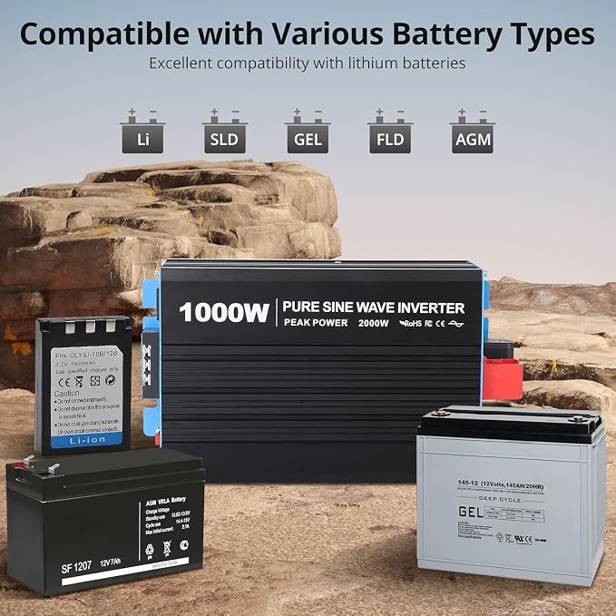 Power Inverter 1000 Watt Pure Sine Wave 12v DC to 110v/120v AC 2000 w Peak Converter for Family RV Off Grid Solar System with 2 AC Outlets LCD Display Remote Control and 2.1a USB Charging Port
