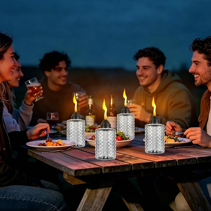 Table Torch Canister 4 Pack, 12oz Glass Citronella Torches Outdoor Lighting, Refillable Tabletop Torch Includes Wick & Cap for Outside Patio & Backyard Parties Décor (Black)