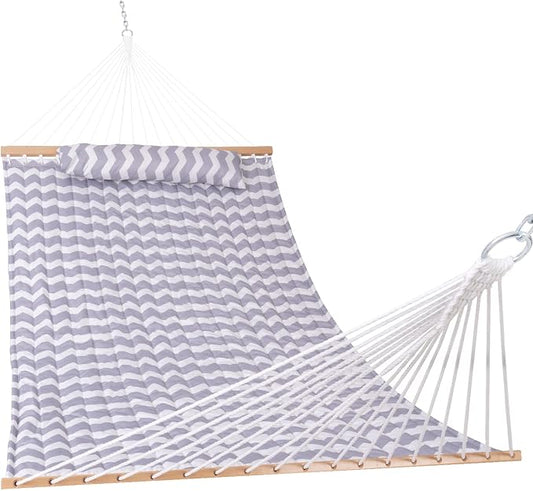 Lazy Daze 12 FT Quilted Hammock with Spreader Bar, 2-Person Double Hammock for Outside Patio Poolside Backyard Beach, 450 lbs Capacity, Gray Wave