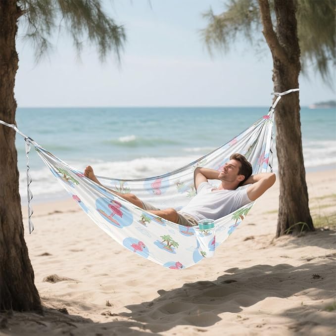 Camping Hammock Outdoor Hammocks for Outside Flamingo Palm Tree Beach Trees Portable Lightweight with Pockets Tree Straps Indoor