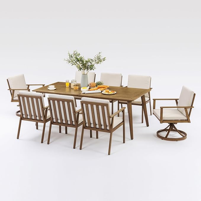 9 Pieces Patio Dining Set for 8, Never-Rust All-Aluminum Outdoor Dining Set with Removable Cushions, Patio Furniture Set with 2 Swivel Chairs, Patio Table and Chairs Set for Deck Yard, Teak