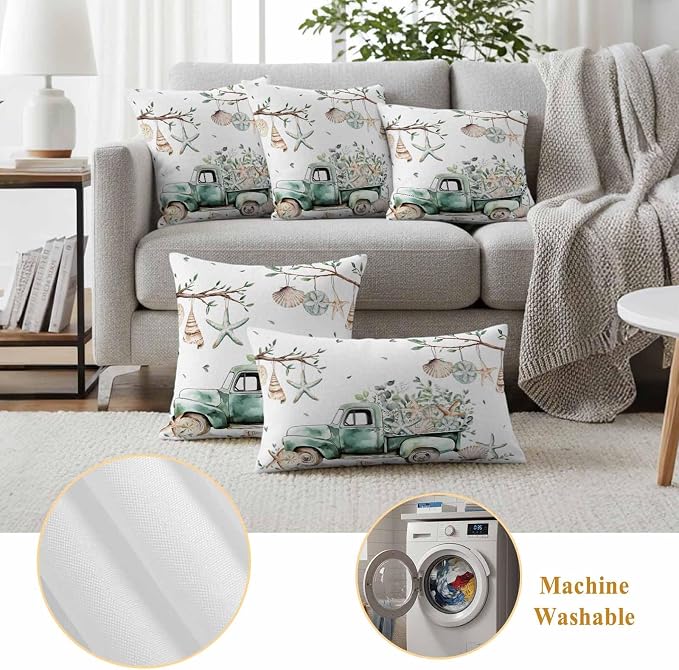 Sage Green Truck Outdoor Waterproof Throw Pillow Covers Set of 2, 20"x12", Ocean Starfish Shell Summer Leaf Decorative Pillow Covers Outside Cushion Case for Patio Porch Garden