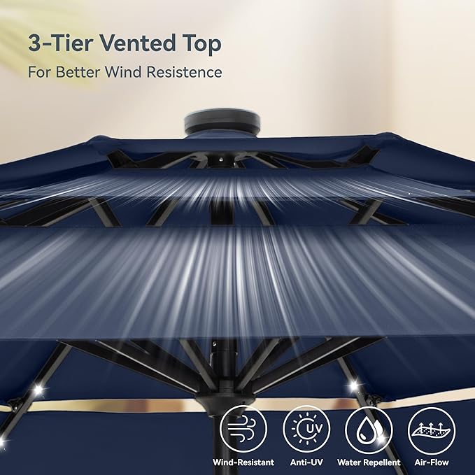 PHI VILLA 10ft Patio Umbrella with Light, Outdoor Large Auto-Tilt 3 Tier Market Table Umbrellas with 8 Sturdy Ribs and 1.5" Pole for Lawn Poolside Garden Terrace,Navy Blue