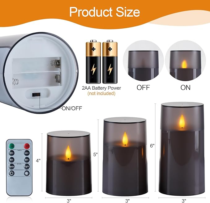 Homemory 3"×4" 5" 6" Battery Candles with Remote & Timer, Gray Acrylic Realistic Flickering LED Pillar Candles, Waterproof Fake Candle for Home and Lantern Decor, Set of 3