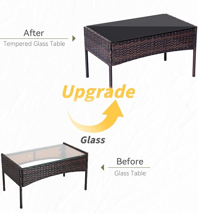 Patio Furniture Set 4 Pieces, Outdoor Rattan Furniture with Tempered Glass Coffee Table, Modern Rattan Patio Chairs Conversation Sets with Sofa for Garden, Terrace, Porch, Lawns Brown/Beige