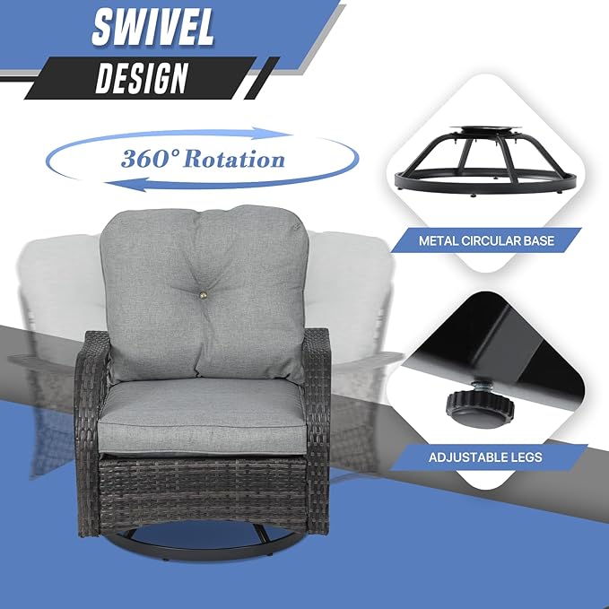3-Piece Outdoor Patio Swivel Furniture Set, PE Rattan Patio Conversation Set with Tempered Glass Side Table for Home, Yard, Poolside