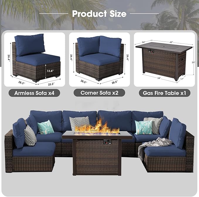Grezone Patio Furniture Set,7 Piece Patio Furniture Set with Fire Pit Table,PE Wicker Rattan Sectional Sofa Patio Conversation Set with Thickened Cushions, Blue