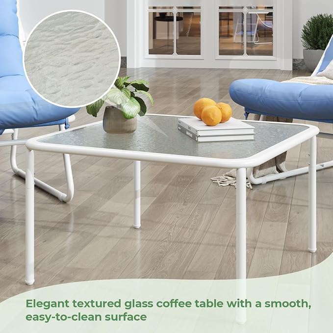 Jocoevol Patio Furniture Set - 4-Piece Outdoor Patio Conversation Set with Cushions & Glass Coffee Table - Dual-Use Metal Sofa Set for Backyard, Garden, Porch, and Poolside in White & Blue