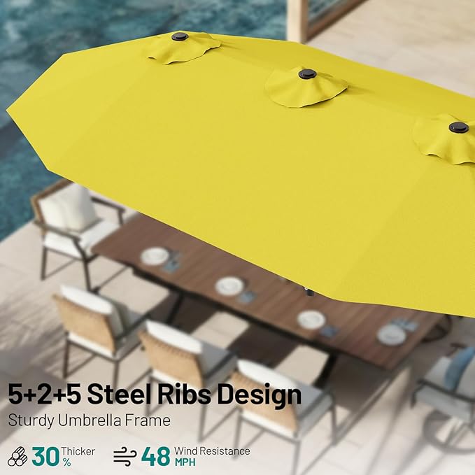 AreShark 15FT Outdoor Patio Umbrella with Crank, Large Rectangular Market Umbrella, Double-Sided Outdoor Umbrellas with Cross Base & Sandbag for Porch, Lawn, Pool, Backyard, Yellow