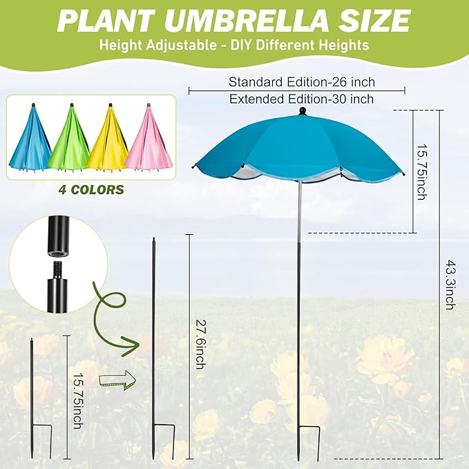4 Pack Plant Umbrellas for Outdoor Plants, Larger Garden Umbrella Sun Shade for Garden Beds Potted Plants-Upgraded 43.3" Higher Adjustable Angle Plant Shade Cover Umbrellas for Plant Flower