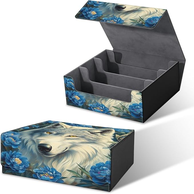 Large Card Deck Box for MTG, Fits 1200+ Sleeved Cards, PU Leather Storage Case with Strong Magnetic Closure, Multiple Colors for TCG CCG Baseball Card Collections, Purple Flower Wolf