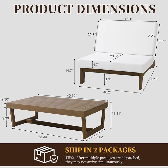 UIXE Wood Patio Furniture Sets, 2 Pieces All Weather Patio Loveseat Outdoor Sofa with Solid Wooden Coffee Table - Beige