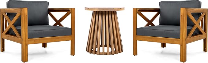 Christopher Knight Home Lucy Acacia Wood Outdoor Patio Furniture Set, 3 Pieces Patio Set, Round Side Table and ArmChairs Conversation Set with Cushion for Garden Lawn Balcony, Dark Gray + Light Teak