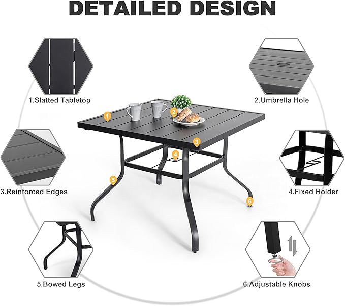 NUU GARDEN 5-Piece Outdoor Patio Furniture Dining Set, 37" Square Metal Table with 1.6" Umbrella Hole and 4 Textilene Padded Chairs, All-Weather Dining Set for Backyard, Deck, Garden, Blue
