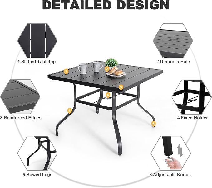 NUU GARDEN 5-Piece Outdoor Patio Furniture Dining Set, 37" Square Metal Table with 1.6" Umbrella Hole and 4 Textilene Padded Chairs, All-Weather Dining Set for Backyard, Deck, Garden, Blue