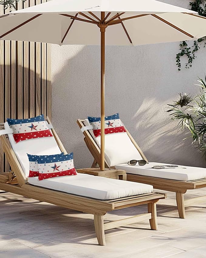 Outdoor Lumbar Pillows with Adjustable Band,Independence Day Red White Blue Stripe Waterproof Recliner Throw Pillow Chaise Lounge Cushion with Insert for Beach,Graden Rustic Star on Cotton 1 Pack
