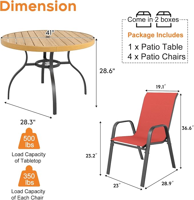 Outdoor Patio Dining Set for 4, 5 Pieces Patio Table and Chairs Set with Umbrella Hole, 41"x 41" Round Metal Wood-Grain Dining Table Set with 4 Stackable Patio Chairs for Deck , Backyard, Porch
