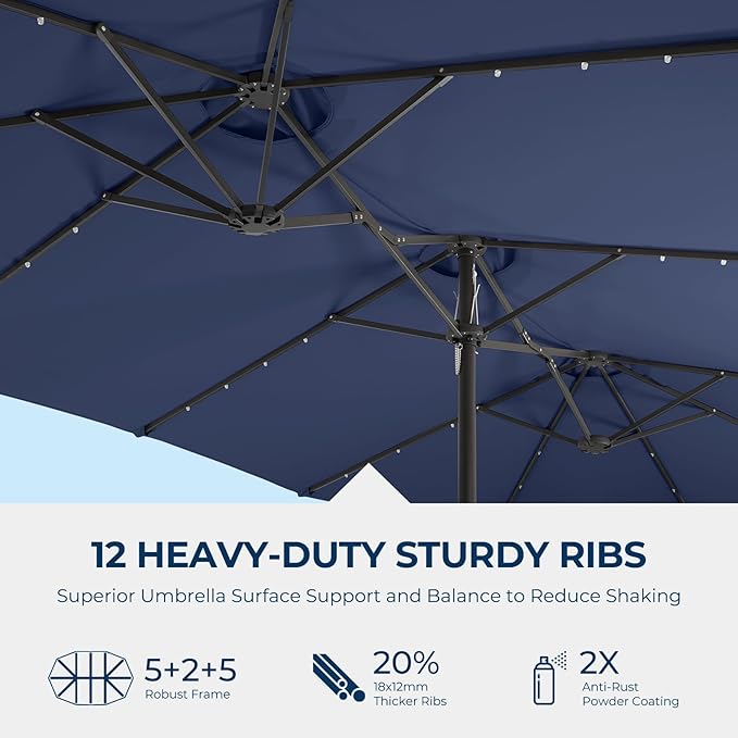 HOMSHADE Double Sided Patio Umbrellas - 15ft Solar Lights LED Lighted Outdoor Extra Large Market Table Umbrella with Base Included, Oversized Umbrella for Deck, Pool, Backyard