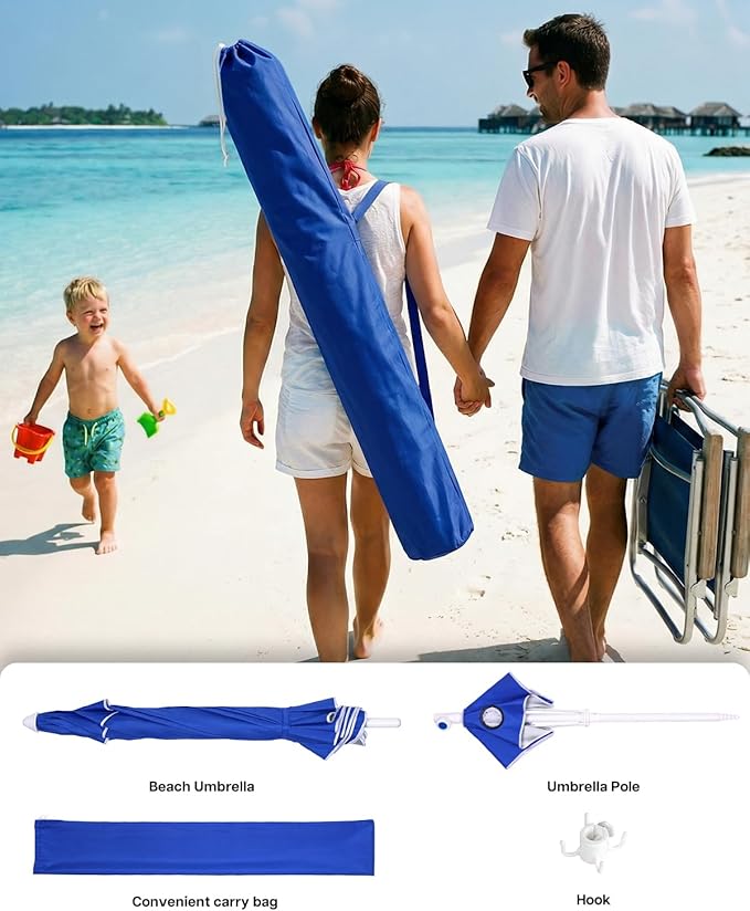 paramondo 7ft Beach Umbrella with Sand Anchor Air Vent Push Button Tilt and Crank, Portable Sunshade Outdoor Patio Umbrella with 8 Sturdy Ribs for Garden, Deck, Backyard, Pool and Beach